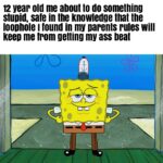 Spongebob Memes Spongebob, Things text: 12 year old me about to do something stuDid, sate in the knowledge that the looonole I found in my Darents rules will keeo me trom getting my ass Deat  Spongebob, Things