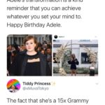 feminine memes Women, Adele, Grammys, Jonah Hill, CICO text: Rouvafe @lamRouvafe Adelels transformation is a kind reminder that you can achieve whatever you set your mind to. Happy Birthday Adele. Tiddy Princess @xMuvaTokyo The fact that she