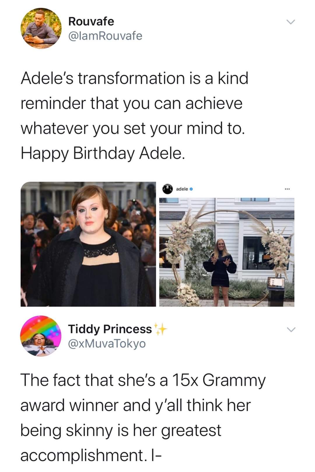 Women, Adele, Grammys, Jonah Hill, CICO feminine memes Women, Adele, Grammys, Jonah Hill, CICO text: Rouvafe @lamRouvafe Adelels transformation is a kind reminder that you can achieve whatever you set your mind to. Happy Birthday Adele. Tiddy Princess @xMuvaTokyo The fact that she's a 15x Grammy award winner and y'all think her being skinny is her greatest accomplishment. l- 