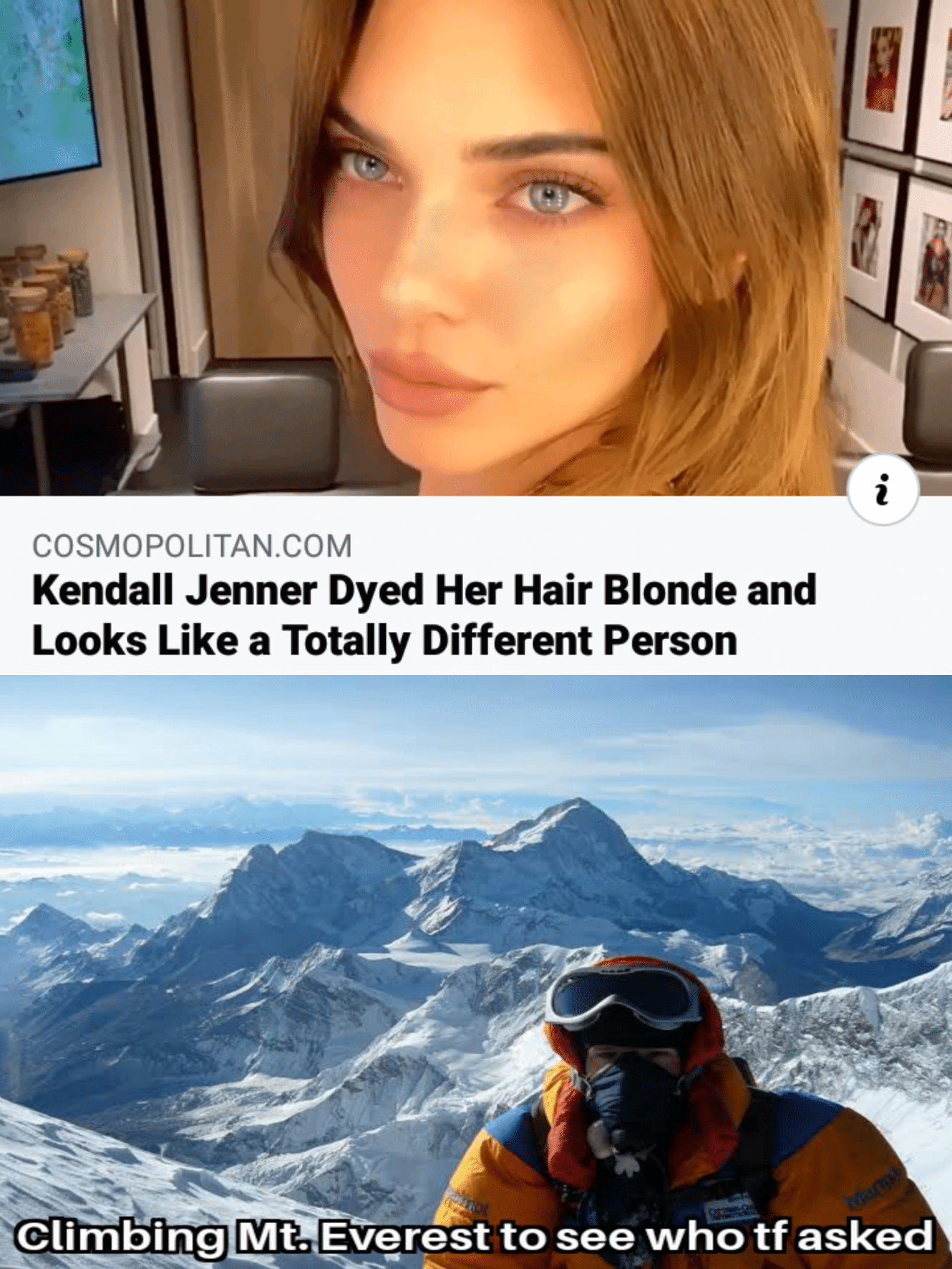Funny, Kendall Jenner, Cosmopolitan, TF, Reddit, NotInteresting other memes Funny, Kendall Jenner, Cosmopolitan, TF, Reddit, NotInteresting text: COSMOPOLITAN.COM Kendall Jenner Dyed Her Hair Blonde and Looks Like a Totally Different Person .limbing Mt, Everest to see who tf asked 