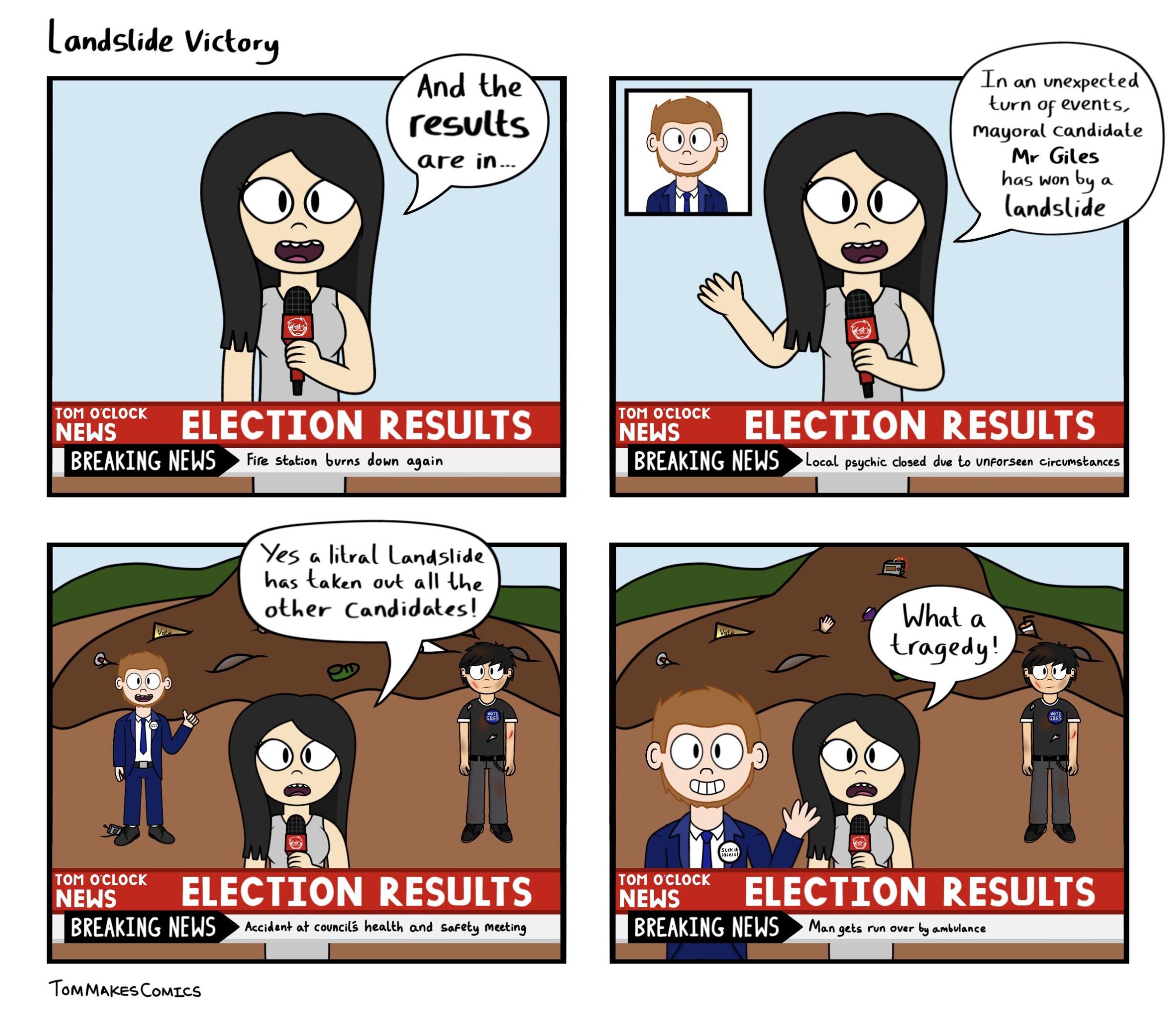 Landslide victory - tommakescomics, TomMakesComics, Landslide Victory Comics Landslide victory - tommakescomics, TomMakesComics, Landslide Victory text: Landslide Victory And the results are in rom OCLOCK ELECTION RESULTS NEWS— BREAKING NEWS Fife Station burns down again Unnd51idQ taken ove all otker Candidates! oo VOTE SOM OCLOCK s—ELECTION RESULTS NEW BREAKING NEWS Accideré council; health and saFeEy meeting TOM COMLCS Ono In an unexpected turn Of events, mayoral CQndidaLe Giles has won (ands(ide rom OCLOCK ELECTION RESULTS NEWS— BREAKING NEWS Locd psychic closed due 1.0 unporseen circumshnces What a {Moyedy ! VOTE GILES oo Suck it Losers! SOM OCLOCK s—ELECTION RESULTS NEW BREAKING NEWS run over æmbvlance 