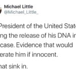 Political Memes Political, Trump, Biden, DOJ, Obama, Epstein text: Michael Little @Michael_Little_ The President of the United States is fighting the release of his DNA in a rape case. Evidence that would exonerate him if innocent. Let that sink in.  Political, Trump, Biden, DOJ, Obama, Epstein