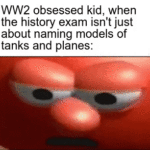 Dank Memes Cute, WWII, WW2, Holocaust, WW1, Japan text: WW2 obsessed kid, when the history exam isn