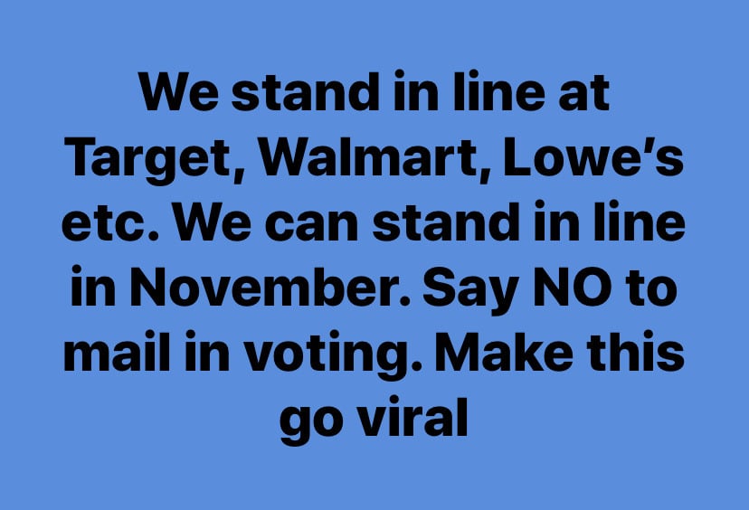 Political, MAIL IN VOTING BAD SWEATY, FW boomer memes Political, MAIL IN VOTING BAD SWEATY, FW text: We stand in line at Target, Walmart, Lowe's etc. We can stand in line in November. Say NO to mail in voting. Make this go viral 