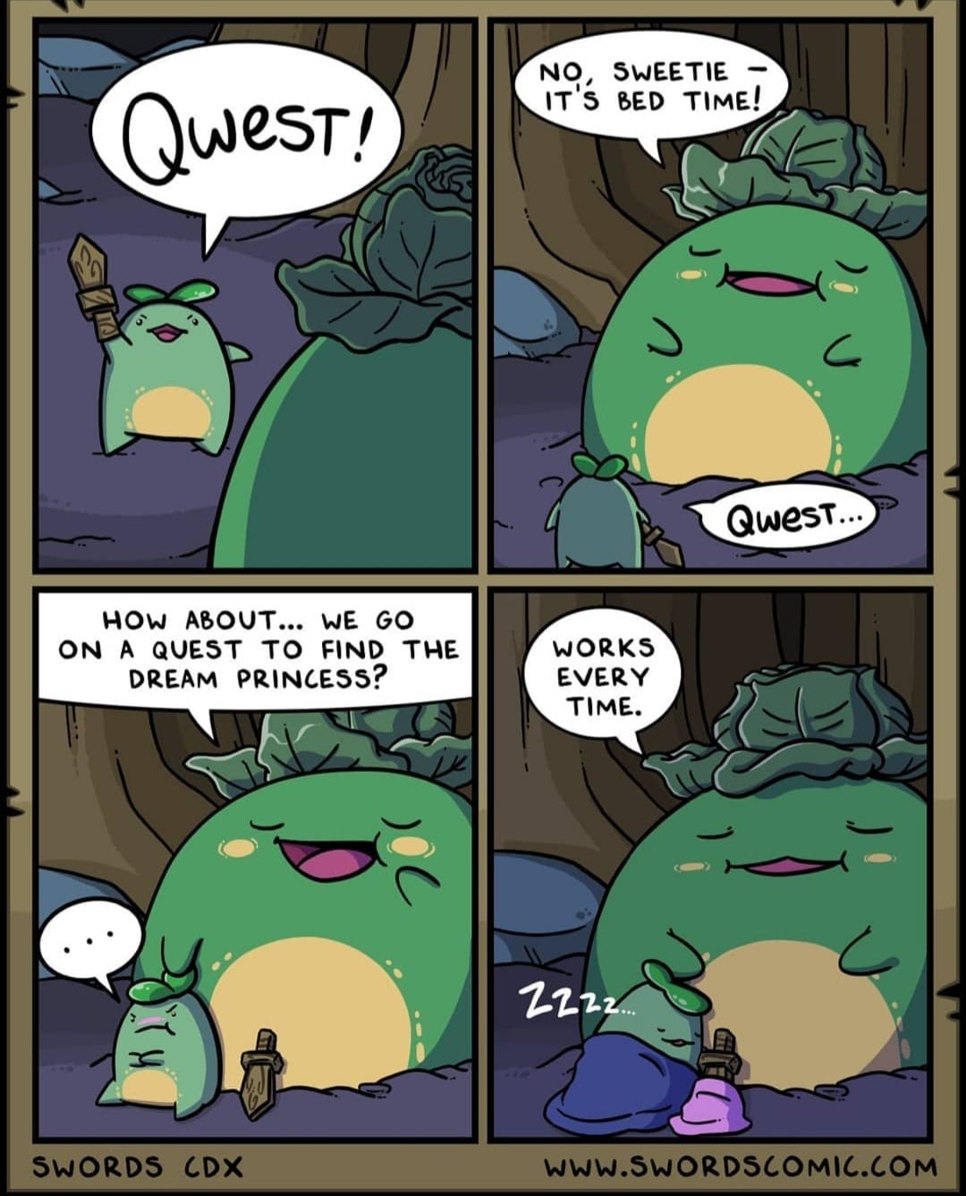 Wholesome memes,  Wholesome Memes Wholesome memes,  text: NO, SWEETIE IT's BED TIME! Qwest... WORKS EVERY TIME. HOW ABOUT... WE GO ON A QUEST TO FIND THE DREAM PRINCESS? (9 SWORDS CDX www .SWORDSCOMIC.COM 