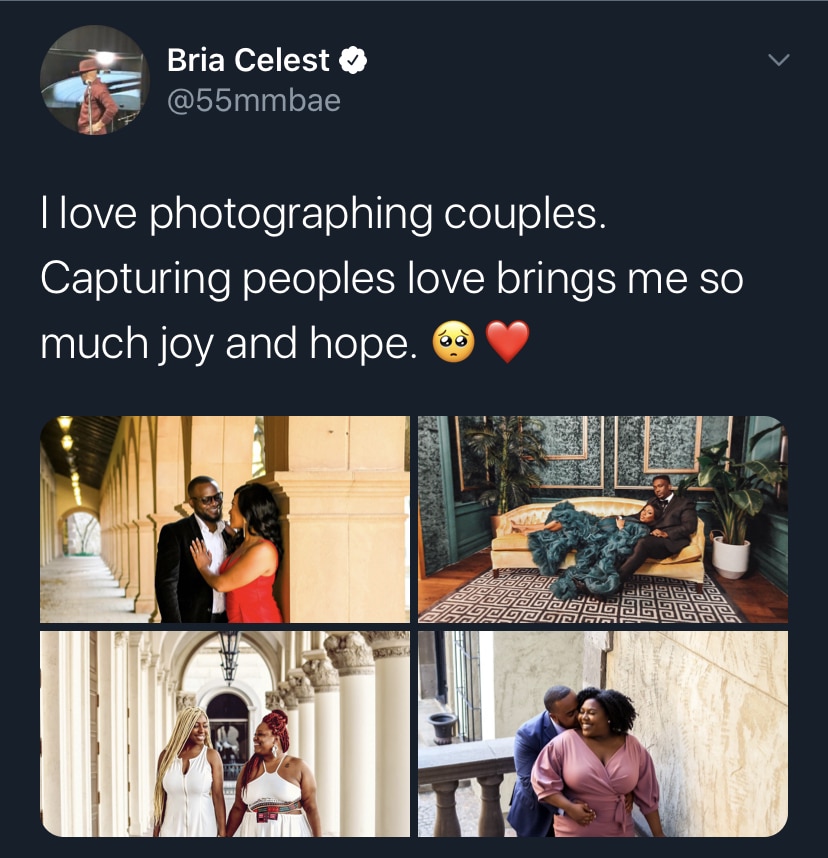 Black, Capturing Black Love Wholesome Memes Black, Capturing Black Love text: Bria Celest @55mmbae I love photographing couples. Capturing peoples love brings me so much joy and hope. 