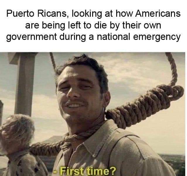 Political, Puerto Rico, Americans, American, Ricans, Canadian Political Memes Political, Puerto Rico, Americans, American, Ricans, Canadian text: Puerto Ricans, looking at how Americans are being left to die by their own government during a national emergency - First me? 
