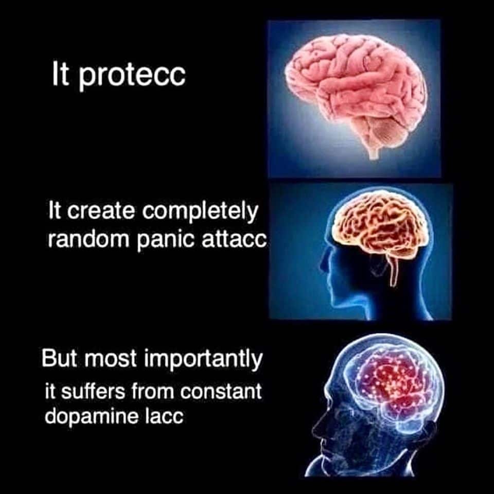 Depression,  depression memes Depression,  text: It protecc It create completely random panic attacc But most importantly it suffers from constant dopamine lacc 