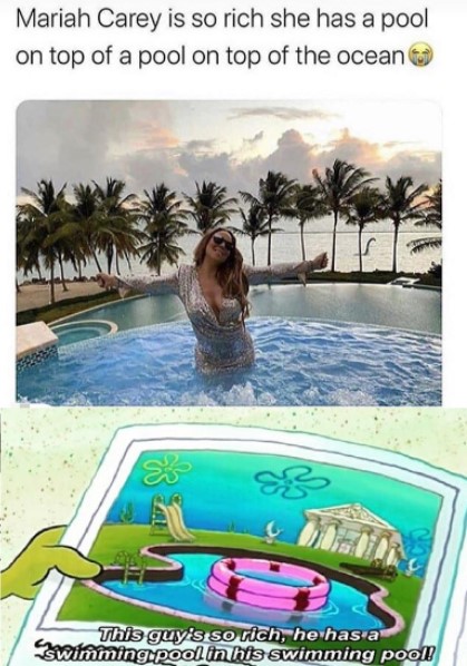 Spongebob, Nessie, Loch Ness, Mariah Carey, Christmas, Loch Ness Monster Spongebob Memes Spongebob, Nessie, Loch Ness, Mariah Carey, Christmas, Loch Ness Monster text: Mariah Carey is so rich she has a pool on top of a pool on top of the ocean' This guy's so swirilining.pool in his swimming poo