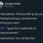 feminine memes Women, AOC, POC, Obama, Junior, Hunter text: Chandler Gilliatt @Giderah Conservatives: Pull yourself up by your bootstraps and you can become anything you want. @AOC: *goes from bartender to Congresswoman* Conservatives: No, not like that.  Women, AOC, POC, Obama, Junior, Hunter