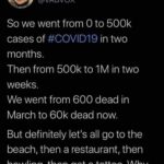 Political Memes Political, Republicans, Trump, Democrats, GOP, Americans text: Victoria Brownworth @VABVOX So we went from O to 500k cases of #COVlD19 in two months. Then from 500k to 1M in two weeks. We went from 600 dead in March to 60k dead now. But definitely let