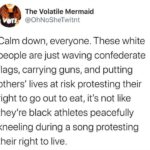 Political Memes Political, Colin, American, NFL, Amendment, Trump text: The Volatile Mermaid @OhNoSheTwitnt Calm down, everyone. These white people are just waving confederate flags, carrying guns, and putting others