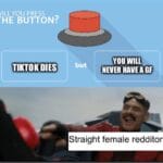 other memes Funny, Redditor, Tiktok, TikTok, Redditors, GF text: ILL YOU PRESS THE BUTTON? TIKTOK DIES but A YOU WILLA 4 NEVER HAVE A Straight female redditors  Funny, Redditor, Tiktok, TikTok, Redditors, GF