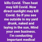 boomer memes Political, Grandpa text: First it was, alcohol kills Covid. Then heat may kill Covid. Now direct sunlight may kill Covid. So if you see me outside in my yard drunk, naked and laying in the sun, Mind your own business. I