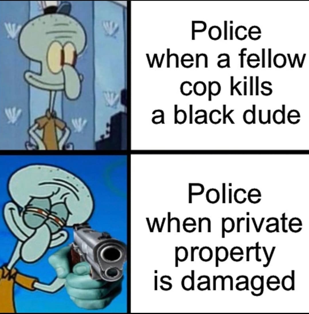 Spongebob, Minneapolis Spongebob Memes Spongebob, Minneapolis text: police when a fellow cop kills a black dude Police when private e property is damaged 