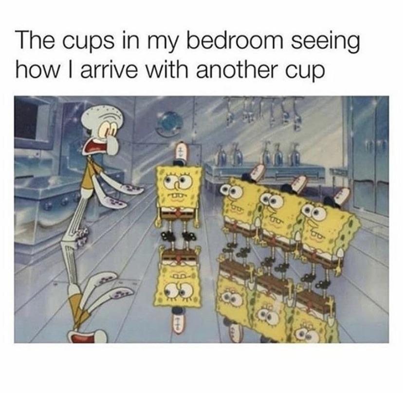 Spongebob,  Spongebob Memes Spongebob,  text: The cups in my bedroom seeing how I arrive with another cup 