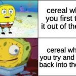 Spongebob Memes Spongebob,  text: cereal when you first take it out of the box cereal when you try and put it back into the box  Spongebob, 