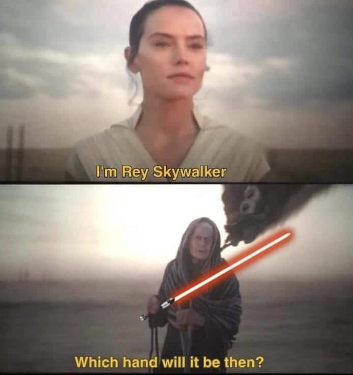 Skywalker, Skywalker, Rey, Solo, Organa, Leia Star Wars Memes Skywalker, Skywalker, Rey, Solo, Organa, Leia text: Rey Skywalker Which hand will it be then? 