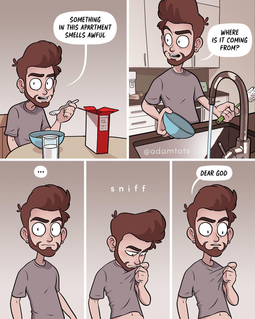 S n i f f (from adamtots_remastered),  Comics S n i f f (from adamtots_remastered),  text: SOMETHING 1M THIS APARTMENT SMELLS AWFUL WHERE IS IT COMING FROM? @adamtots DEAR GOD 