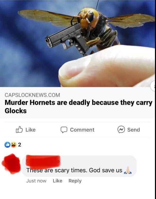 Cringe, Glock cringe memes Cringe, Glock text: CAPSLOCKNEWS.COM Murder Hornets are deadly because they carry Glocks O Like C) Comment @ Send T s are scary times. God save us Just now Like Reply 