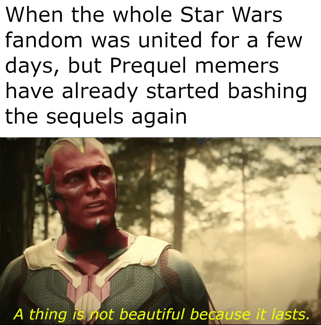 Sequel-memes, Star Wars, SW, Kenobi, Adam Driver, Rey Star Wars Memes Sequel-memes, Star Wars, SW, Kenobi, Adam Driver, Rey text: When the whole Star Wars fandom was united for a few days, but Prequel memers have already started bashing the sequels again A thing 1 ot beautiful use it lasts. 