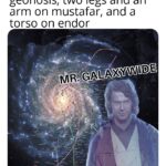 Star Wars Memes Anakin-skywalker, Endor, Anakin, Geonosis, Death Star, Tatooine text: when you have a hand on geonosis, two legs and an arm on mustafar, and a torso on endor *MR. GALAXYWIDE  Anakin-skywalker, Endor, Anakin, Geonosis, Death Star, Tatooine