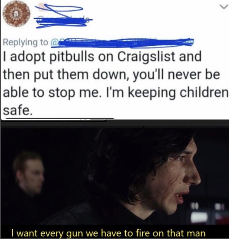 Sequel-memes, Pitbulls, TotesMessenger, Star Wars, Karen, Bella Star Wars Memes Sequel-memes, Pitbulls, TotesMessenger, Star Wars, Karen, Bella text: Replying to I adopt pitbulls on Craigslist and then put them down, you'll never be able to stop me. I'm keeping children safe. I want eve un we have to fire on that man 