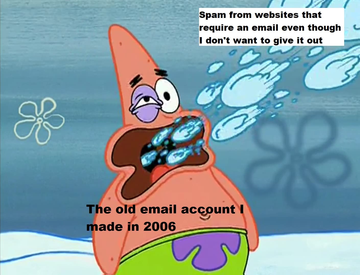 Spongebob, Yahoo, Patrick Spongebob Memes Spongebob, Yahoo, Patrick text: Spam from websites that require an email even though - I don't want to give it out Theol email acqpunt made n 2006 