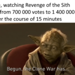 Star Wars Memes Prequel-memes, ROTS, TDKR, Star Wars, RotS, RoTS text: Me, watching Revenge of the Sith go from 700 000 votes to 1 400 000 over the course of 15 minutes Begun. e War as 