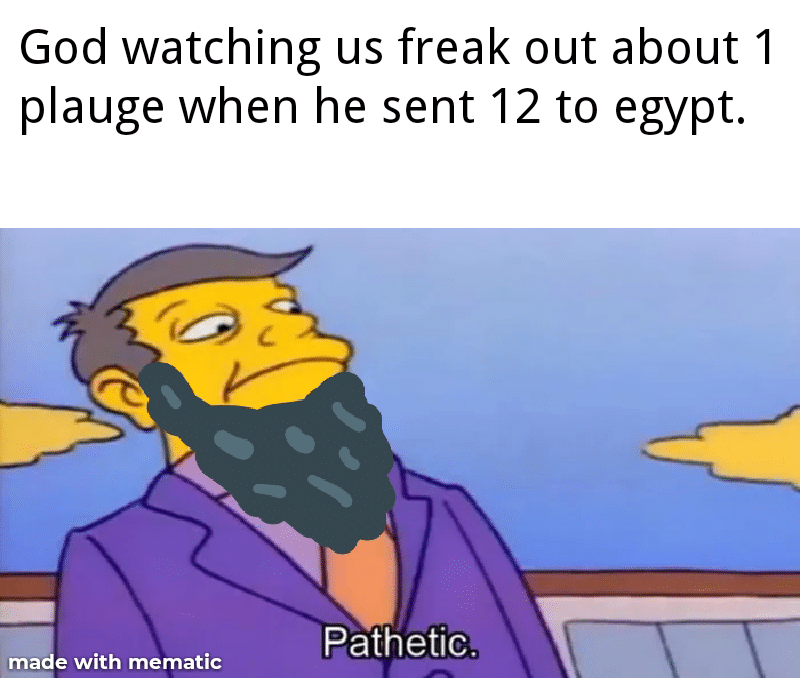Christian,  Christian Memes Christian,  text: God watching us freak out about 1 plauge when he sent 12 to egypt. Pathetic. made with mematic 