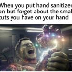 Avengers Memes Thanos,  text: When you put hand sanitizer on but forget about the small cuts you have on your hand  Thanos, 