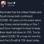 Political Memes Political, March, February, South Korea, Trump, USA text: Dylan @dyllyp Reminder that the United States and South Korea both confirmed COVID-19 cases on the exact same day. Korea started testing on Day 1 and have managed to keep to keep their death toll down to 255. Trump called COVID-19 a hoax for months and the US will hit 73K dead today.  Political, March, February, South Korea, Trump, USA