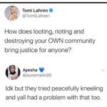 Political Memes Political, White House, America, Karen, Tomi, Trump text: Tomi Lahren @TomiLahren How does looting, rioting and destroying your OWN community bring justice for anyone? Ayesha @ayeemalik99 Idk but they tried peacefully kneeling and yall had a problem with that too.  Political, White House, America, Karen, Tomi, Trump