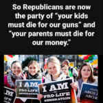 Political Memes Political, Democrats, Obama, Biden text: So Republicans are now the party of "your kids must die for our guns" and "your parents must die for our money." PRO-LIF