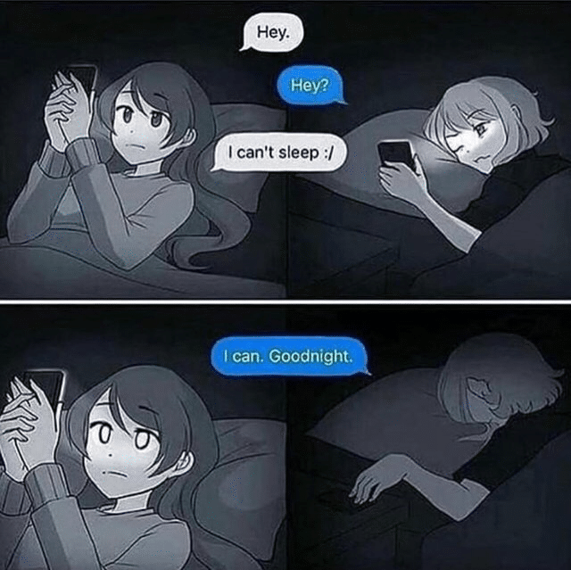 Anime,  Anime Memes Anime,  text: Hey. Hey? I can't sleep can. Goodnight. 
