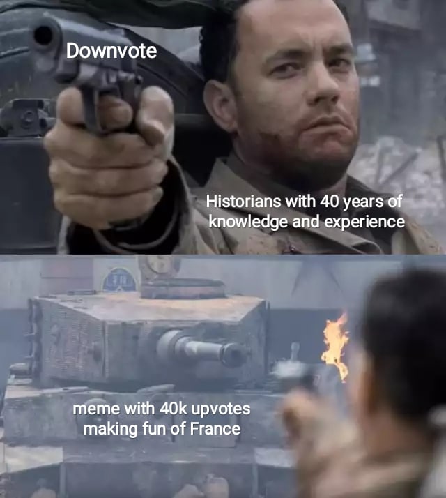 History, French, English, UK, WW2, Germany History Memes History, French, English, UK, WW2, Germany text: Downvote —Historians with 40 years owledge -experience rrféi-ne with 40k upvotes making fun of France 