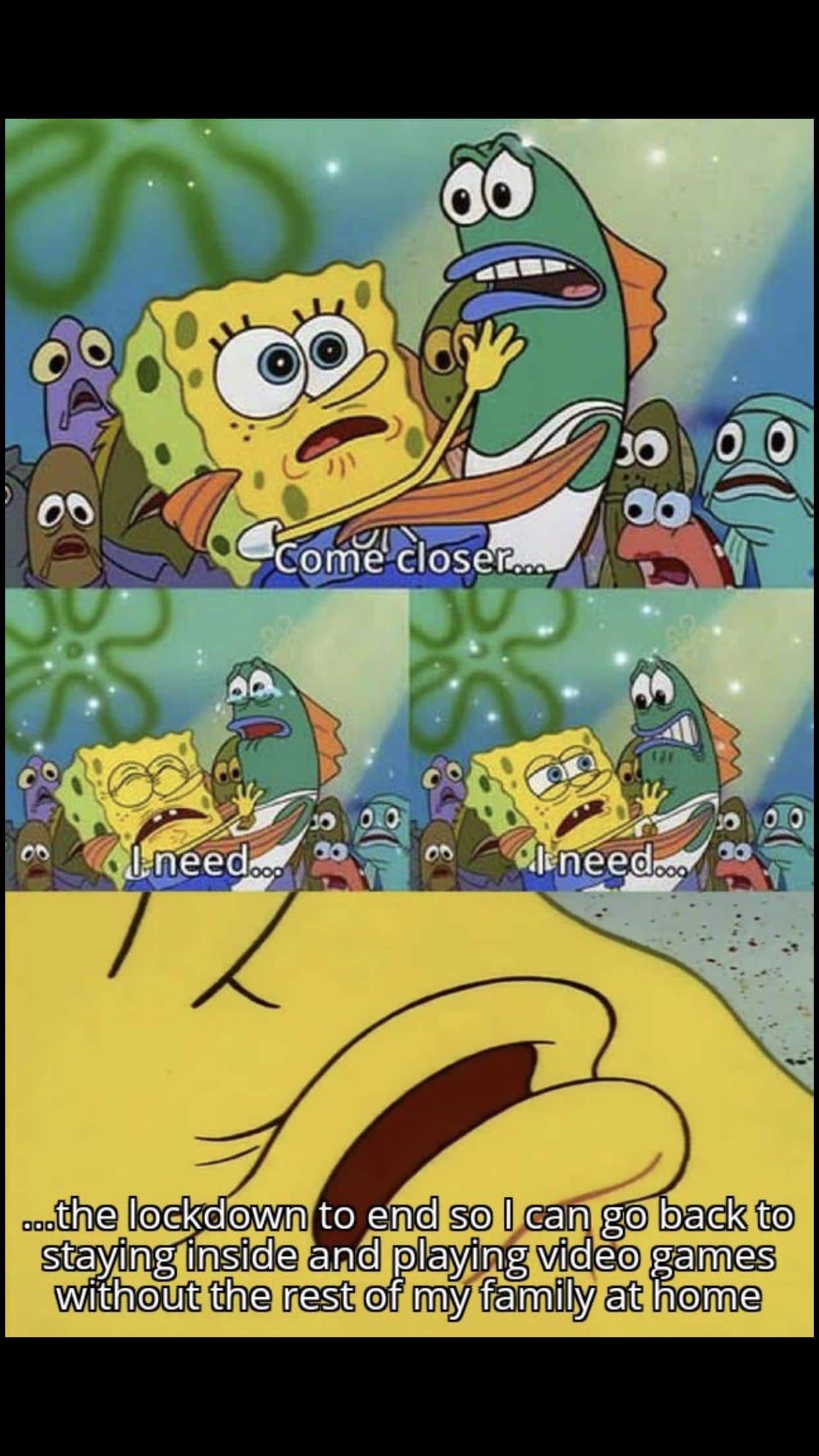 Spongebob,  Spongebob Memes Spongebob,  text: Comexloser... ...the lockdown to end so I can go back to 000 staying inside and playing video games without the rest of my family at home 