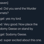 Christian Memes Christian, REPENT text: [heaven] God: Did you send the Murder Hornets? Angel: yes my lord. God: Very good. Now place the Sodomy Geese on stand by Angel: Sodomy Geese. God: super excited about this one.  Christian, REPENT