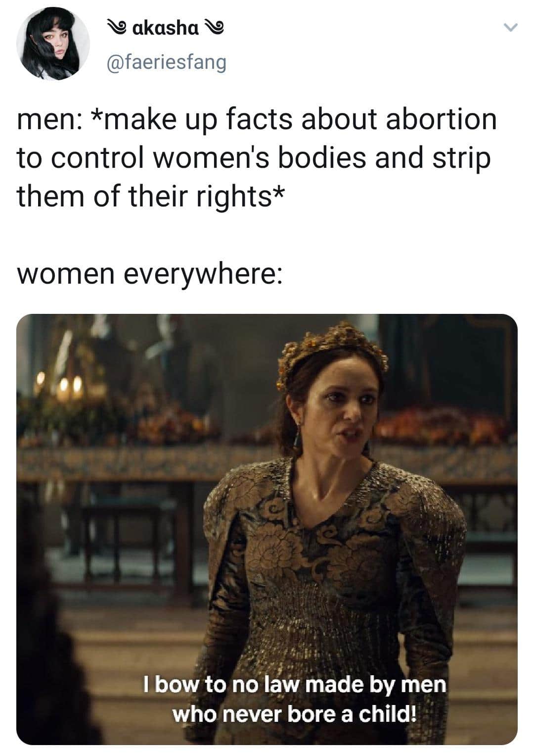 Women, Witcher, The Witcher, Pavetta, Geralt, Netflix feminine memes Women, Witcher, The Witcher, Pavetta, Geralt, Netflix text: akasha @faeriesfang men: *make up facts about abortion to control womenls bodies and strip them of their rights* women everywhere: ——1 bow to no law made by men who never bore a child! 
