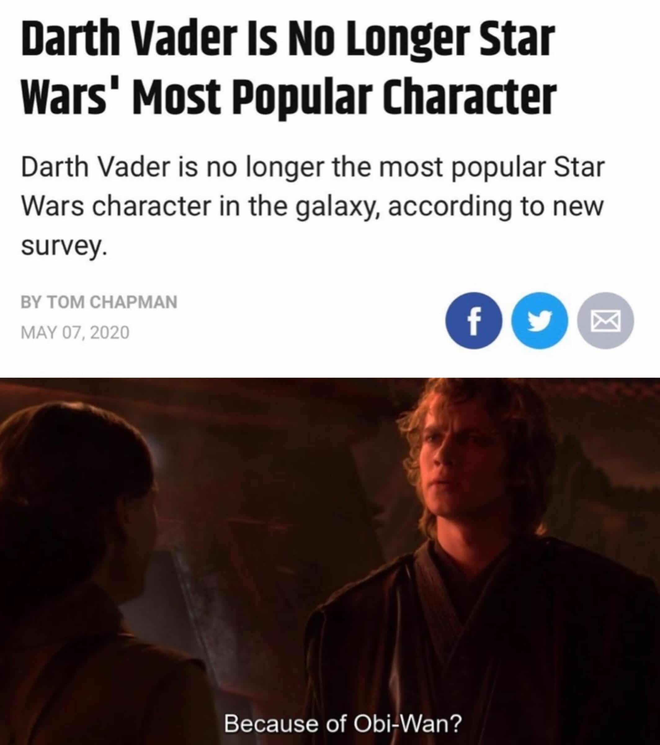 Prequel-memes, Yoda, Vader, Baby Yoda, Star Wars, Darth Vader Star Wars Memes Prequel-memes, Yoda, Vader, Baby Yoda, Star Wars, Darth Vader text: Darth Vader Is No Longer star warsl Most Popular character Darth Vader is no longer the most popular Star Wars character in the galaxy, according to new survey. BY TOM CHAPMAN MAY 07, 2020 000 Because of Obi-Wan? 
