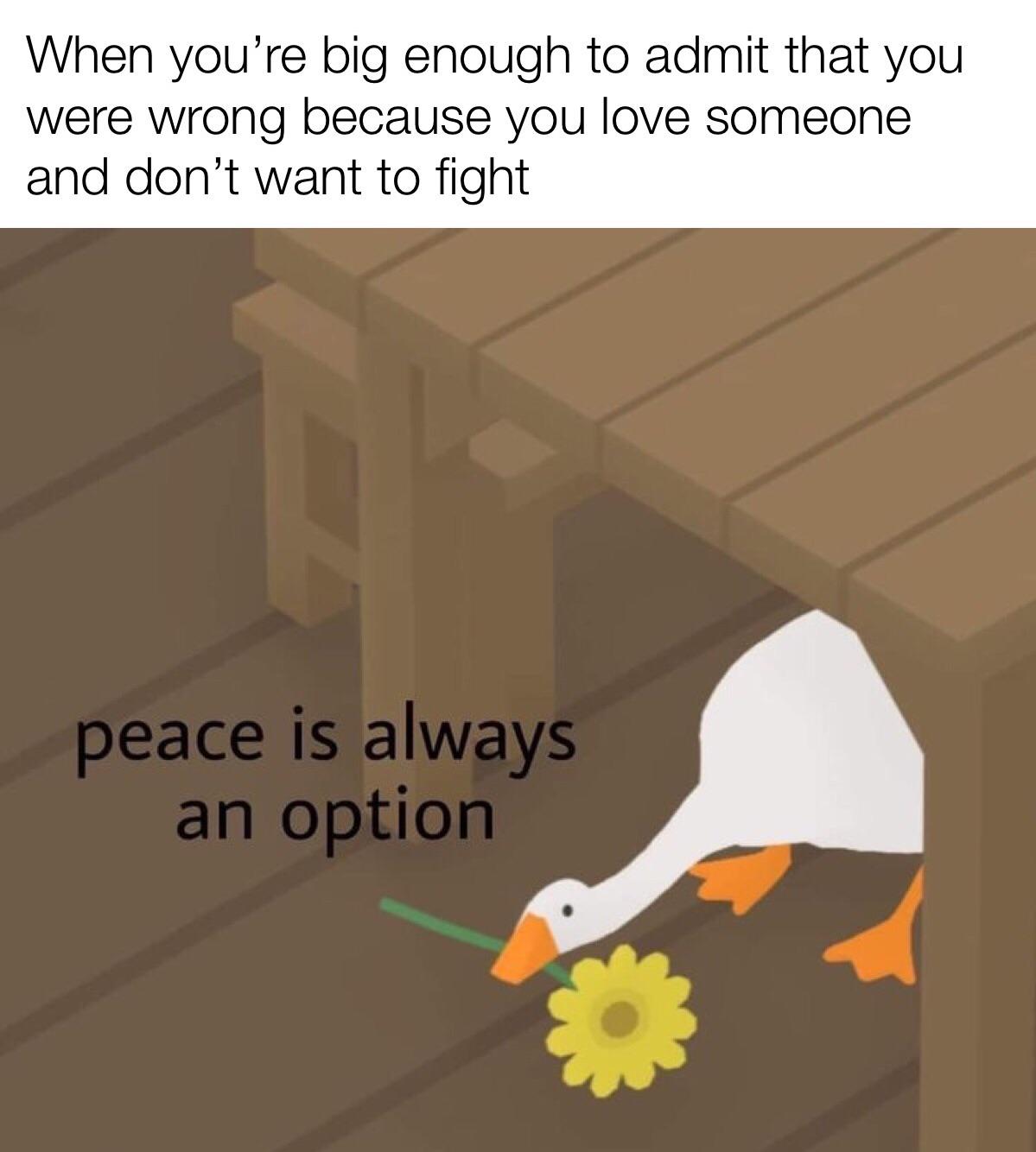 Wholesome memes,  Wholesome Memes Wholesome memes,  text: When you're big enough to admit that you were wrong because you love someone and don't want to fight 1 peace is always an option 