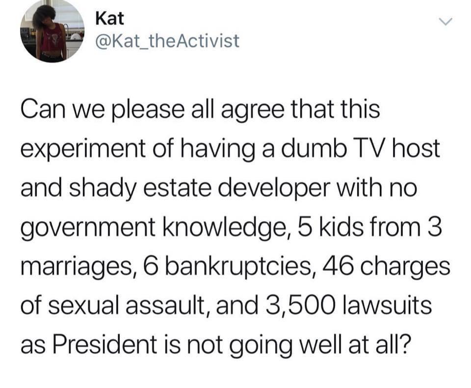 Political Tweet, Trump, America, Republican, American, Biden Political Memes Political, Trump, America, Republican, American, Biden text: Kat @Kat_theActivist Can we please all agree that this experiment of having a dumb TV host and shady estate developer with no government knowledge, 5 kids from 3 marriages, 6 bankruptcies, 46 charges of sexual assault, and 3,500 lawsuits as President is not going well at all? 