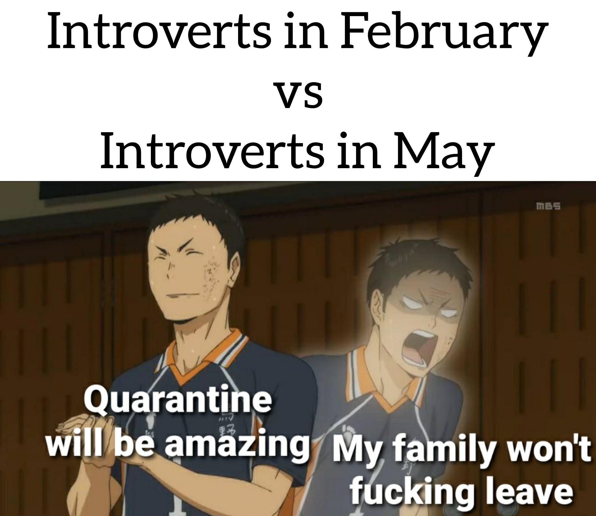 Funny, Haikyuu, TV, God, February, English other memes Funny, Haikyuu, TV, God, February, English text: Introverts in February Introverts in May meg Qu#antine will be amazing My fainily won't fåcEing leave 