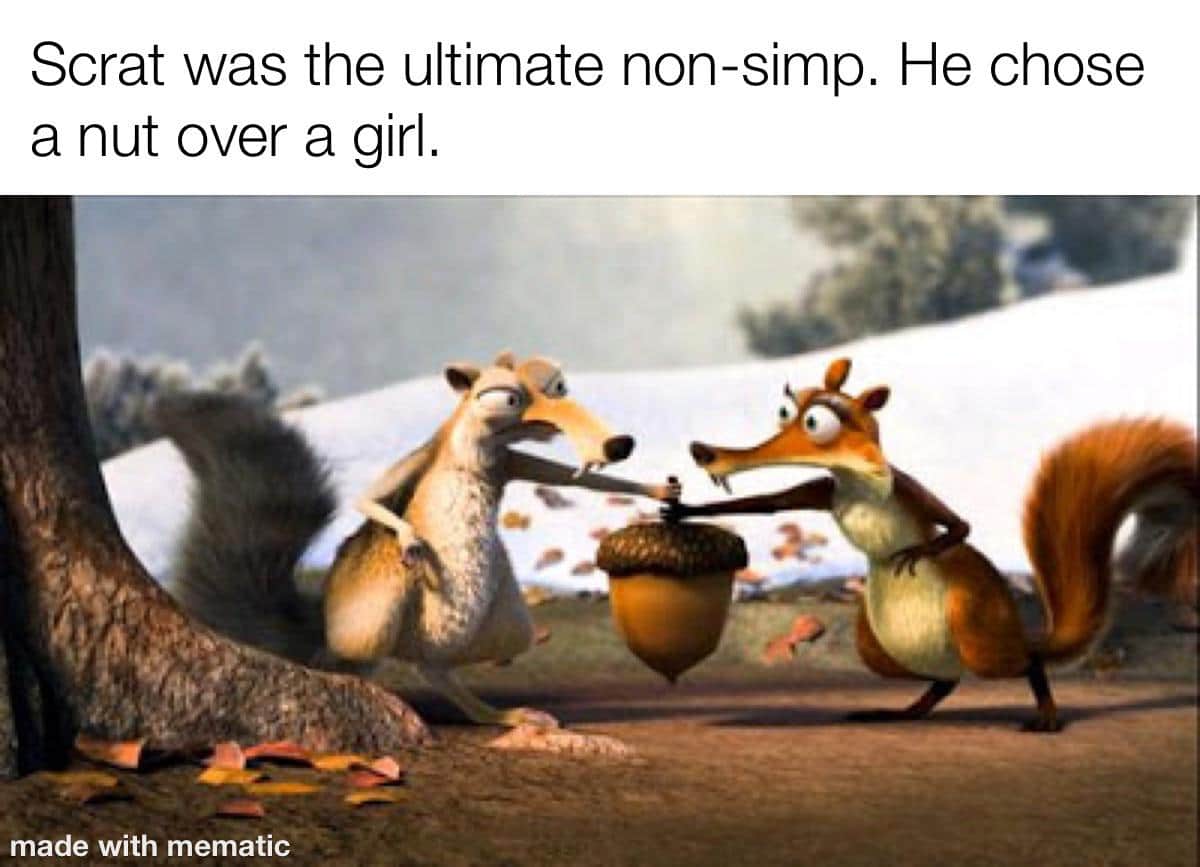 Funny, Scrat, Nut, November, Ice Age, NNN other memes Funny, Scrat, Nut, November, Ice Age, NNN text: Scrat was the ultimate non-simp. He chose a nut over a girl. made with mematic 