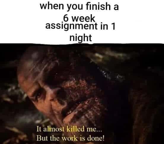 Thanos, PM, English Avengers Memes Thanos, PM, English text: when you finish a 6 week assignment in 1 night It •ahnost killed me... But the work is done! 