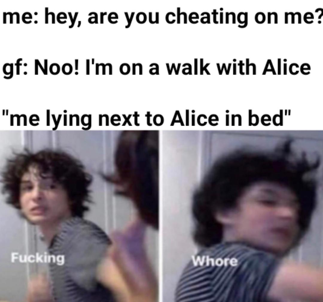 Funny, HolUp, Bed other memes Funny, HolUp, Bed text: me: hey, are you cheating on me? gf: Noo! 11m on a walk with Alice 