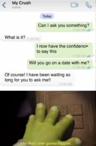 other memes Dank,  text: My Crush online Today Can I ask you something? What is it? I now have the confidence to say this Will you go on a date with me? Of course! I have been waiting so long for you to ask me!! Like that's ever gonna hop en.