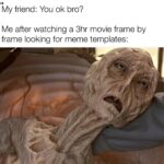 Dank Memes Cute, Trailer, Cocoon, Voldemort, PYI9, JgJs text: My friend: You ok bro? Me after watching a 3hr movie frame by frame looking for meme templates:  Cute, Trailer, Cocoon, Voldemort, PYI9, JgJs