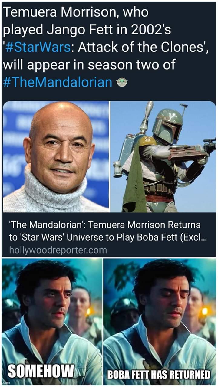 Sequel-memes, Rex, Ahsoka, Mando, Fett, Boba Fett Star Wars Memes Sequel-memes, Rex, Ahsoka, Mando, Fett, Boba Fett text: Temuera Morrison, who played Jango Fett in 20021s #StarWars: Attack of the Clones', will appear in season two of #TheMandalorian 'The Mandalorian': Temuera Morrison Returns to 'Star Wars' Universe to Play Boba Fett (Excl... hollywoodreporter.com SOMEHOW BOBA HAS RETURNED 
