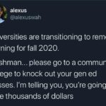 Black Twitter Memes Tweets, CC, University, AA, UF, UCLA text: alexus @alexuswah Universities are transitioning to remote learning for fall 2020. Freshman... please go to a community college to knock out your gen ed classes. I